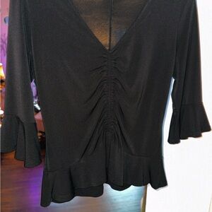 Candie's Black Ruched Blouse with Ruffled Sleeves